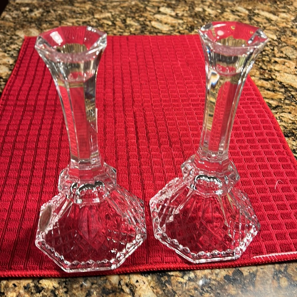 Vtg Pair Real lead Crystal cut glass Candle Sticks
